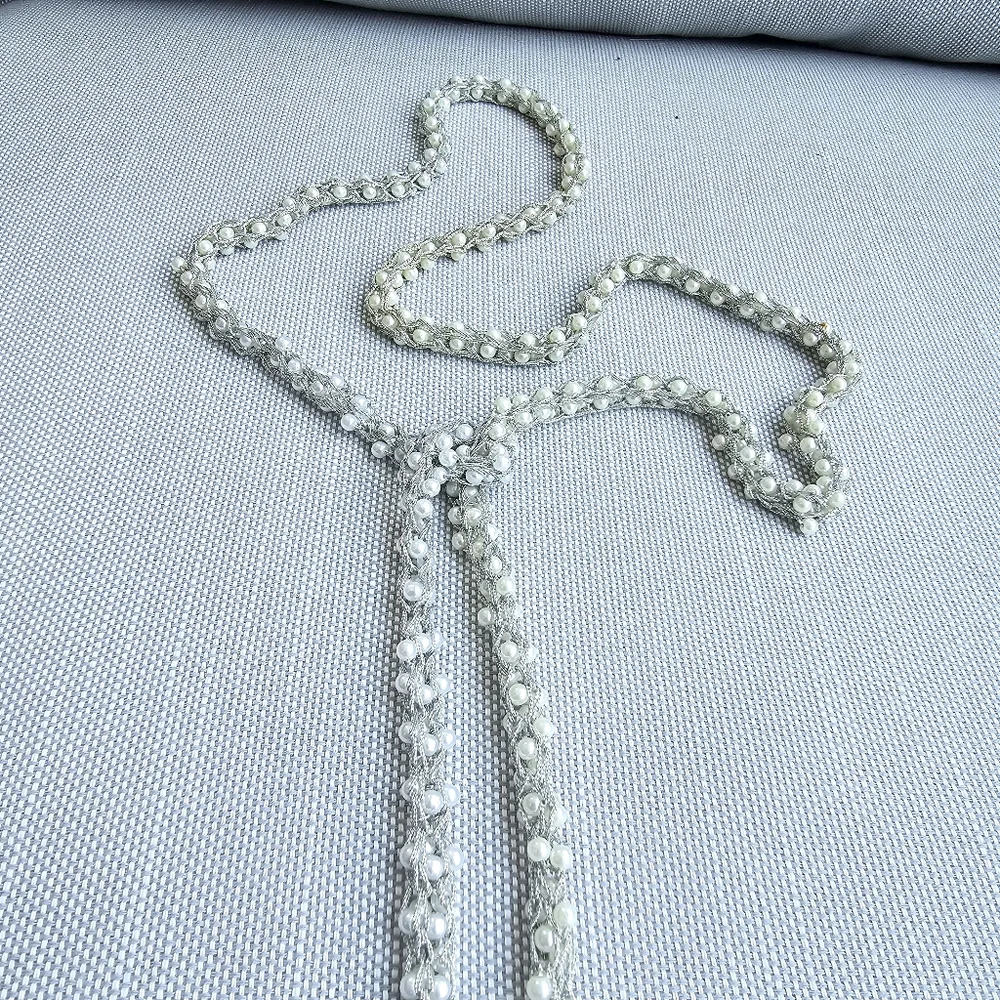 Chain Lariat Necklace Vintage Beaded Jewelry w/ Tassles White Silver 46 in. Long